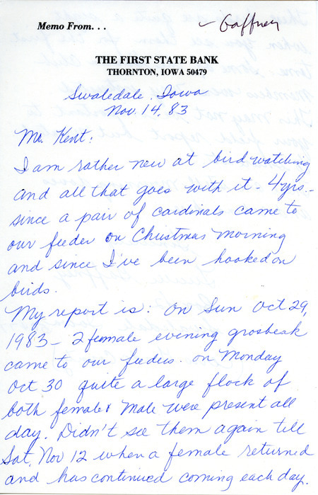 The letter reports Evening Grosbeaks visiting Lucille Gaffney's feeders in Swaledale. This item was used as supporting documentation for the Iowa Ornithologists Union Quarterly field report of fall 1983.