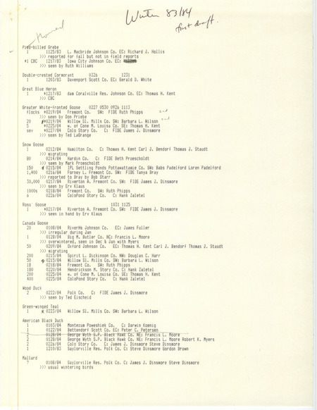 Field reports data, winter 1983-1984, first draft, is a computer-generated list of bird names, quantities, dates, locations, and people who sighted the birds in Iowa during that time period. The list has some manual annotations. This item was used as supporting documentation for the Iowa Ornithologists' Union Quarterly field report of winter 1983-1984.