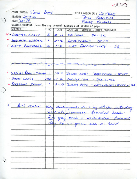 Field notes were contributed by Tanya Bray, winter 1983-1984. Other observers were Don Bray, Babs Padelford, and Sandra Kovanda. A detailed description was given of two Greater Scaup drakes seen at the IPL Ponds near Council Bluffs. The other birds reported were a Northern Harrier at Lake Manawa, two Gray Partridges by I-29 in Harrison County, a Greater Prairie-Chicken at the De Soto NWR, 1400 Snow Geese at Forneys Lake, and a Peregrine Falcon at De Soto Bend. A February 27 cover letter to Thomas H. Kent mentioned three Gyrfalcon sightings in Nebraska. These items were used as supporting documentation for the Iowa Ornithologists' Union Quarterly field report of winter 1983-1984.
