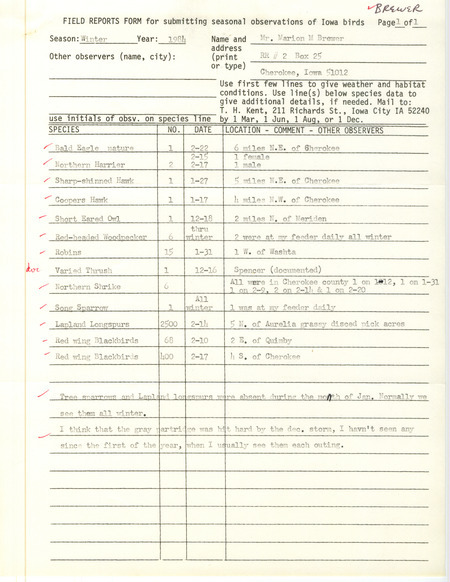Field notes contributed by Marion M. Brewer, Cherokee, Iowa, winter 1983-1984, covered twelve species of birds seen in the area. This item was used as supporting documentation for the Iowa Ornithologists' Union Quarterly field report of winter 1983-1984.