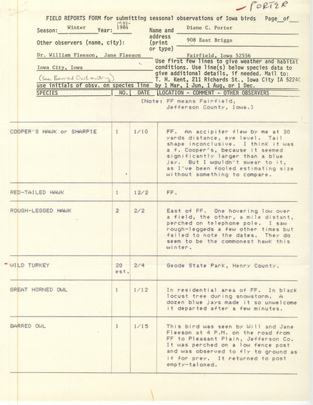 Field notes were contributed by Diane C. Porter, Fairfield, Iowa, winter 1983-1984, with an observation from William and Jane Fleeson on a Barred Owl in Jefferson County. The only sighting from outside that county was an estimated 20 Common Turkeys in Geode State Park. Included were clippings from the Fairfield Ledger about sightings of early American Robins and a Tundra Swan, and an envelope with a Mockingbird stamp. These items were used as supporting documentation for the Iowa Ornithologists' Union Quarterly field report of winter 1983-1984.