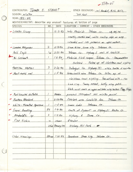 Field notes were contributed by Thomas J. Staudt, winter 1983-1984. Other observers were Carl J. Bendorf, Richard Jule Hollis, and Thomas H. Kent. The sighting of a Northern Goshawk at Macbride Field in Johnson County was documented, and twelve other species were observed. This item was used as supporting documentation for the Iowa Ornithologists' Union Quarterly field report of winter 1983-1984.