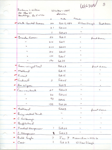 Field notes were contributed by Barbara L. Wilson, winter 1983-1984. Included was a cover letter about the weather, bird kills, and odd behavior of two Screech Owls seeking warmth in farm buildings near Hastings, Iowa. Other observers were Howard Wilson and Joe Wearin. These items were used as supporting documentation for the Iowa Ornithologists' Union Quarterly field report of winter 1983-1984.