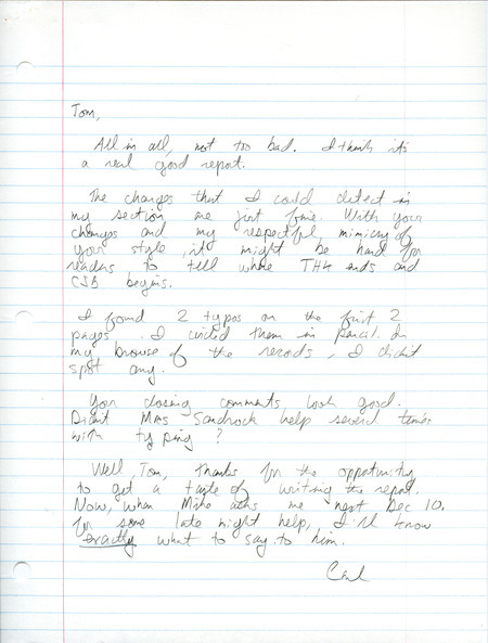 Carl J. Bendorf letter to Thomas J. Kent was regarding their writing of the Iowa Ornithologists' Union Quarterly field report, spring 1984. This item was used as supporting documentation for the Iowa Ornithologists' Union Quarterly field report of spring 1984.