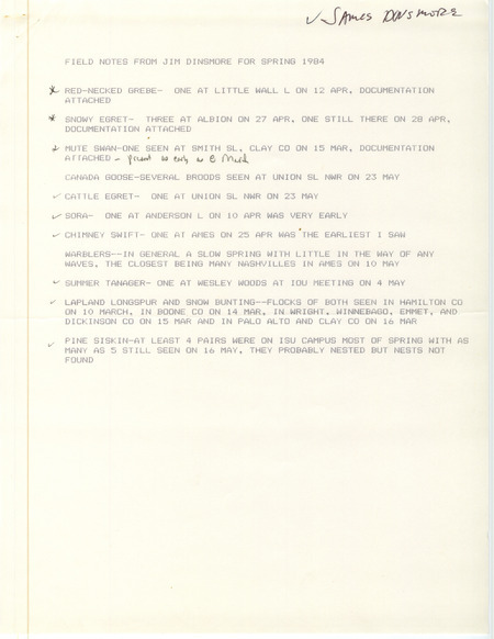 Field notes were contributed by James J. Dinsmore, spring 1984. Species documented were Red-necked Grebes at Little Wall Lake, Lake Smith, and south of Ruthven; Snowy Egrets at Albion; a Mute Swan at Smiths Slough; Cinnamon Teals at Union Slough and Riverton; a Yellow Rail at Doolittle Prairie; and Great-tailed Grackles at Finn Pond. Other observers of the documented sightings were Joe Clark, Mike Brown, Joseph P. Fleskes, Erwin E. Klaas, and John E. Mayfield. This item was used as supporting documentation for the Iowa Ornithologists' Union Quarterly field report of spring 1984.