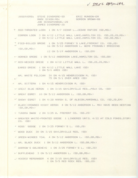 Field notes were contributed by Stephen J. Dinsmore, spring 1984. Other observers were Mark Dixon, Joseph P. Schaufenbuel, James J. Dinsmore, Erik Munson, and Gordon Brown. Several notable sightings include: a Whimbrel at Hendrickson March, Barn Owls in Fremont County and at Red Rock Reservoir, and a Smith's Longspur west of Colo. This item was used as supporting documentation for the Iowa Ornithologists' Union Quarterly field report of spring 1984.