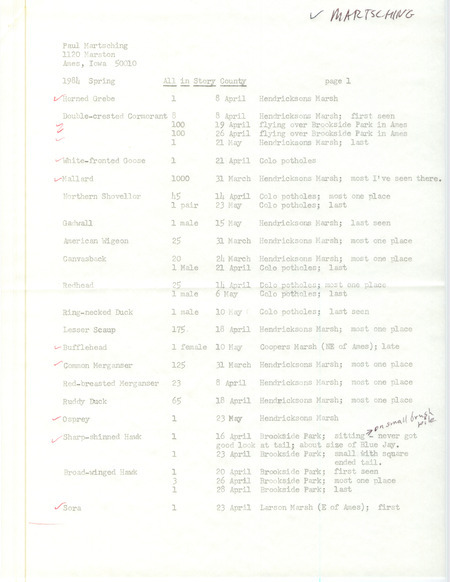 Field notes were contributed by Paul Martsching for Story County, spring 1984. Among dozens of species listed, three were documented: a Whimbrel at Hendrickson's March, and a Bell's Vireo and Pine Warbler at Brookside Park. This item was used as supporting documentation for the Iowa Ornithologists' Union Quarterly field report of spring 1984.