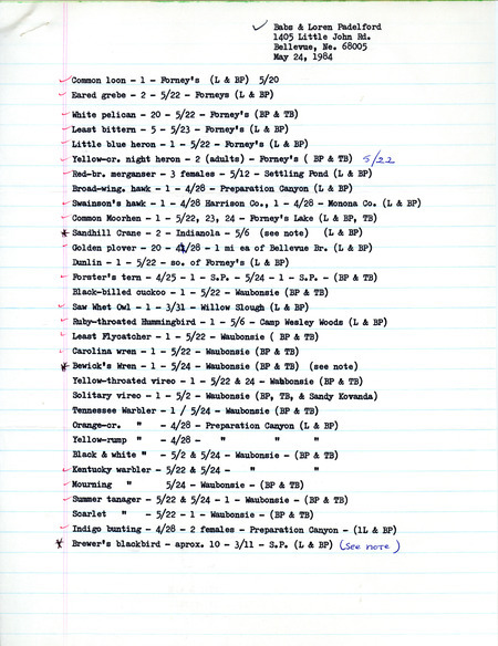 Field notes were contributed by Babs and Loren Padelford on Iowa birds sighted, May 24, 1984. Notable sightings include: Sandhill Crane in Indianola, Bewick's Wren at Waubonsie and Brewer's Blackbird at S.P. Other observers were Tanya Bray and Sandra Kovanda. A cover letter from Babs Padelford to Thomas H. Kent discussed a Rock Wren at Stone Park, the Bewick's Wren at Waubonsie, and a Moorhen at Forneys Lake. This item was used as supporting documentation for the Iowa Ornithologists' Union Quarterly field report of spring 1984.