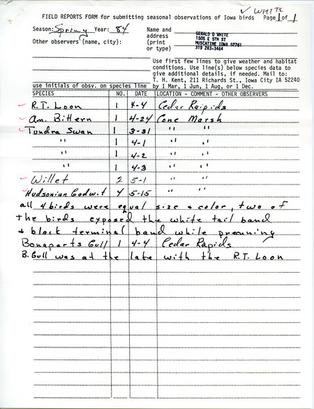 Field notes were contributed by Gerald White, spring 1984. He sighted five species in Cedar Rapids or at Cone March. In a cover letter to Thomas H. Kent, he explained that the American Bittern had a leg defect that would make it identifiable, May 24, 1984. This item was used as supporting documentation for the Iowa Ornithologists' Union Quarterly field report of spring 1984.