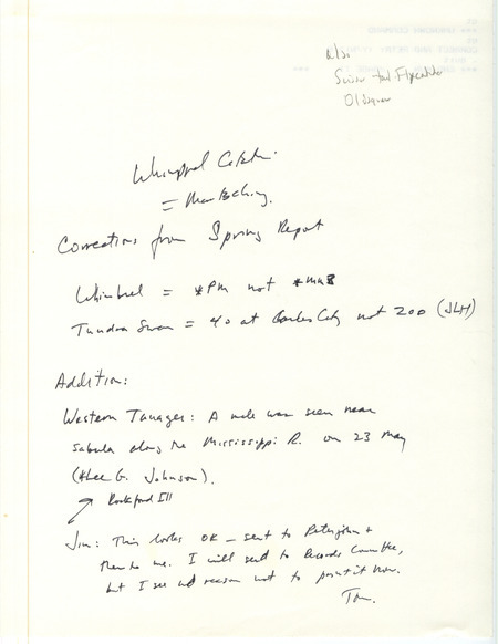Thomas H. Kent letter to James J. Dinsmore was regarding corrections from the spring report, 1984. Letter was undated. Changes were made regarding sightings of Whimbrels, Tundra Swans in Charles City, and a Western Tanager near Sabula. This item was used as supporting documentation for the Iowa Ornithologists' Union Quarterly field report of summer 1984.