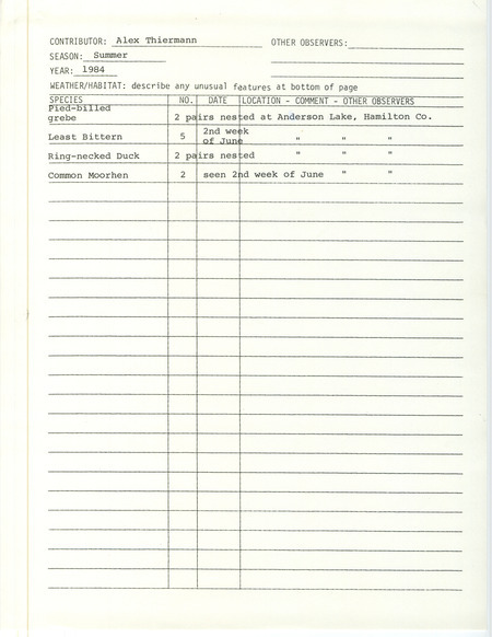 Field notes were contributed by Alex Thiermann, summer 1984. He sighted four species at Anderson (Goose) Lake in Hamilton County. Some were pairs that nested. This item was used as supporting documentation for the Iowa Ornithologists' Union Quarterly field report of summer 1984.
