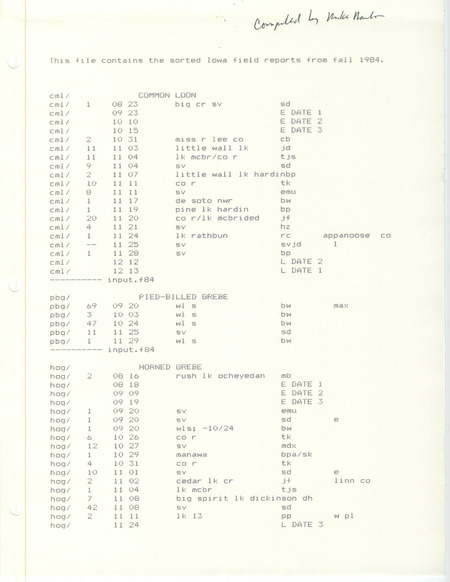 Iowa field reports data from fall 1984 compiled by Michael C. Newlon. Over 250 bird species are organized by name, and the list includes numbers counted, dates sighted, abbreviations for locations and observers, and which sighting dates are late or early. This item was used as supporting documentation for the Iowa Ornithologists' Union Quarterly field report of fall 1984.