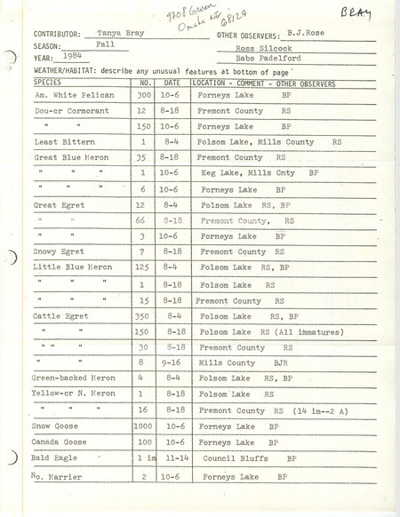 Field notes were contributed by Tanya Bray, fall 1984. This item was used as supporting documentation for the Iowa Ornithologists' Union Quarterly field report of fall 1984.