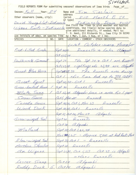 Field notes were contributed by Jim Sinclair, fall 1984. A Northern Goshawk sighting is noted. This item was used as supporting documentation for the Iowa Ornithologists' Union Quarterly field report of fall 1984.