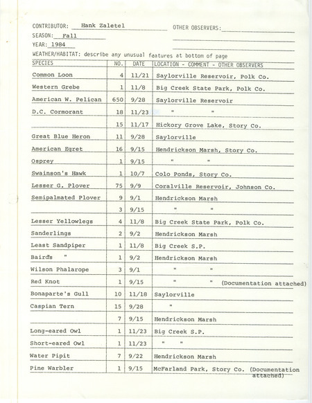 Field notes were contributed by Hank Zaletel for fall 1984. 26 species in eight locations are listed within the report. This item was used as supporting documentation for the Iowa Ornithologists' Union Quarterly field report of fall 1984.