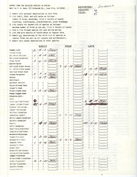 A list of bird sightings contributed by James L. Fuller. This item was used as supporting documentation for the Iowa Ornithologists Union Quarterly Report of spring 1985.