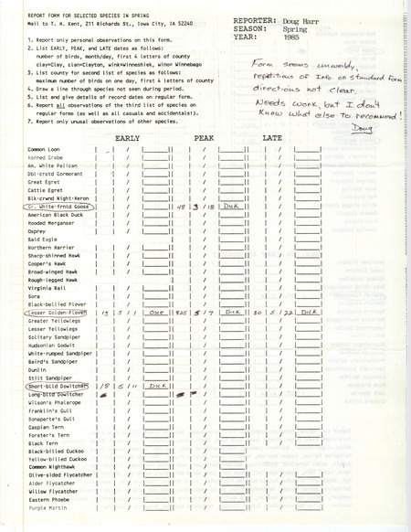 A list of bird sightings contributed by Douglas C. Harr. Form includes a comment critiquing the form. This item was used as supporting documentation for the Iowa Ornithologists Union Quarterly Report of spring 1985.