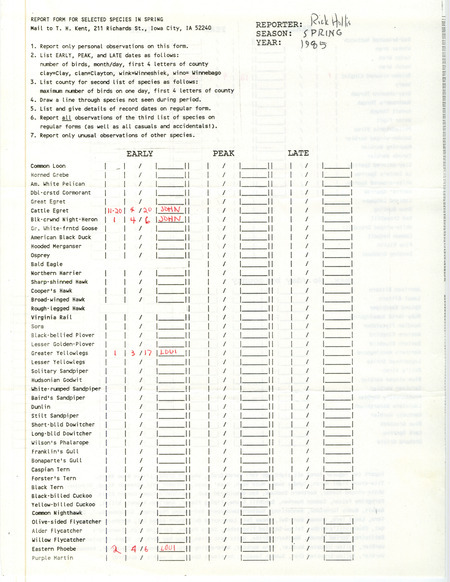 A list of bird sightings contributed by Richard Jule Hollis. This item was used as supporting documentation for the Iowa Ornithologists Union Quarterly Report of spring 1985.