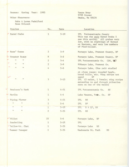 Field notes contributed by Tanya Bray listing bird sightings in southwest Iowa. This item was used as supporting documentation for the Iowa Ornithologists' Union Quarterly Report of spring 1985.