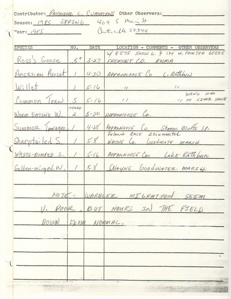 In his field notes, Cummins lists various bird sighted in southern, predominantly around Lake Rathbun, and notes a low warbler migration. This item was used as supporting documentation for the Iowa Ornithologists' Union Quarterly Report of spring 1985.