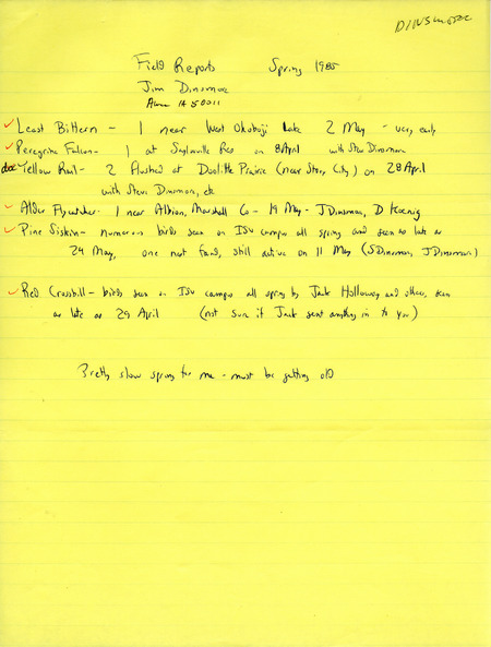 Field notes contributed by James Dinsmore for spring 1985. This item was used as supporting documentation for the Iowa Ornithologists' Union Quarterly Report of spring 1985.