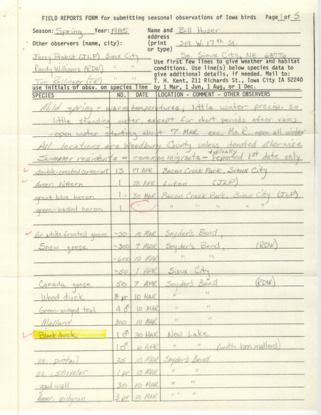 Field notes contributed by Bill Huser listing various bird sightings in northwestern Iowa by himself and others. This item was used as supporting documentation for the Iowa Ornithologists' Union Quarterly Report of spring 1985.