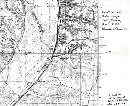 The letter discusses two bald eagle nesting sites and disputes the characterization of one site reported in American Birds. The letter also includes map showing the location of a bald eagle nest on the Mississippi River near the mouth of Wexford Creek. This item was used as supporting documentation for the Iowa Ornithologists' Union Quarterly Report of spring 1985.
