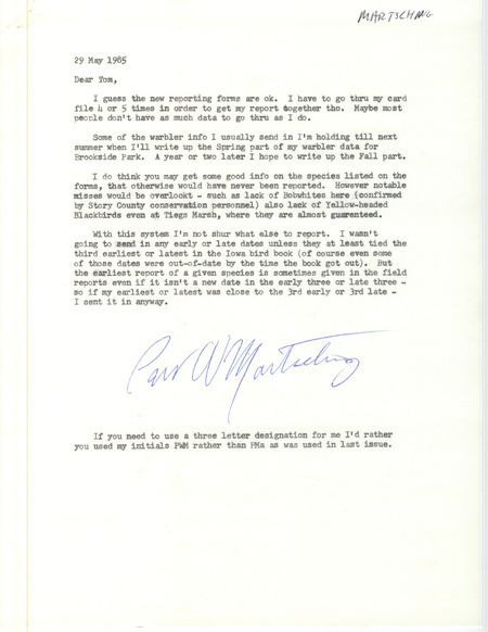 The letter discusses the benefits and drawbacks of new reporting forms and Martsching's plans to write up data on warblers for Brookside Park. The letter also includes field notes forms. This item was used as supporting documentation for the Iowa Ornithologists' Union Quarterly Report of spring 1985.