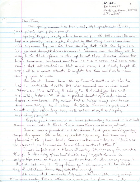 In her letter, Wilson discusses the spring weather and bird migrations. The field notes list bird sightings by Wilson and others in southwest Iowa. This item was used as supporting documentation for the Iowa Ornithologists' Union Quarterly Report of spring 1985.