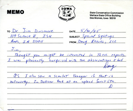 Field notes were contributed by Doug Reeves in a memo to Jim Dinsmore. A memo contributed by Bob Dolan to Doug Reeves regarding a Barn Owl Sighting on May 10, 1985 is included. This item was used as supporting documentation for the Iowa Ornithologists' Union Quarterly field report of summer 1985.