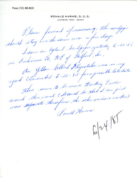 Field notes were contributed by Ronald Harms. This item was used as supporting documentation for the Iowa Ornithologists' Union Quarterly field report of summer 1985.