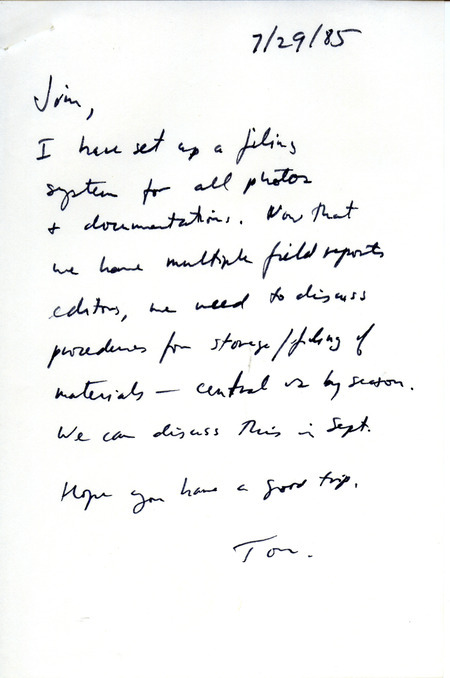 List of birds and locations contributed by Thomas H. Kent. Included with the field report is a note from Thomas H. Kent to James J. Dinsmore regarding setting up a new filing system for storing field reports. This item was used as supporting documentation for the Iowa Ornithologists Union Quarterly field report of summer 1985.