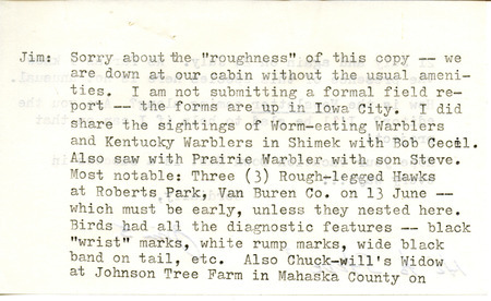 Field notes contributed by James P. Sandrock in a letter to James J. Dinsmore. Included with the letter is a detailed weather report for June and July. This item was used as supporting documentation for the Iowa Ornithologists Union Quarterly field report of summer 1985.