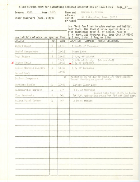 An annotated list of birds sighted by Marion Brewer. Includes a letter from Marion Brewer to Thomas Kent regarding Bluebird nest boxes and the possible sighting of a Wood Stork dated November 26, 1985. This item was used as supporting documentation for the Iowa Ornithologists Union Quarterly field report of Fall 1985.