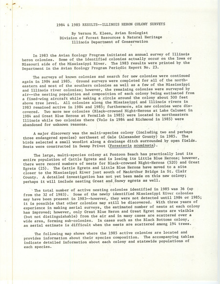 A survey by the Avian Ecology Program of Heron colonies in Illinois, including colonies that extend into Iowa and Missouri. This item was used as supporting documentation for the Iowa Ornithologists Union Quarterly field report of Fall 1985.