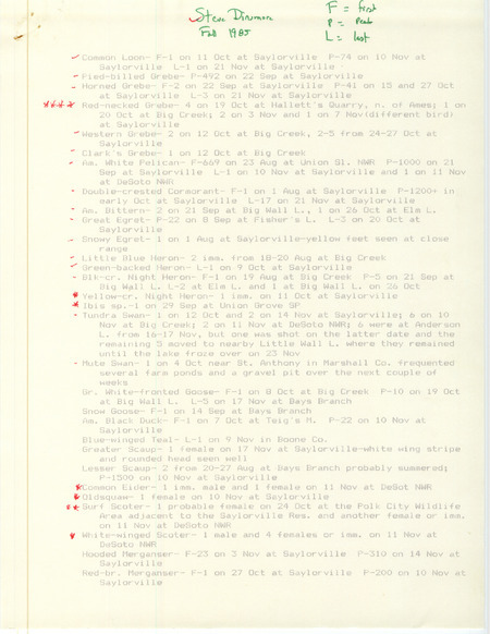 An annotated list of birds sighted by Steve Dinsmore. This item was used as supporting documentation for the Iowa Ornithologists Union Quarterly field report of Fall 1985.
