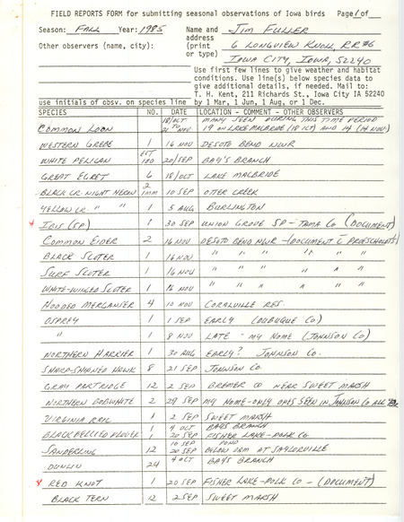 An annotated list of birds sighted by Jim Fuller. This item was used as supporting documentation for the Iowa Ornithologists Union Quarterly field report of Fall 1985.
