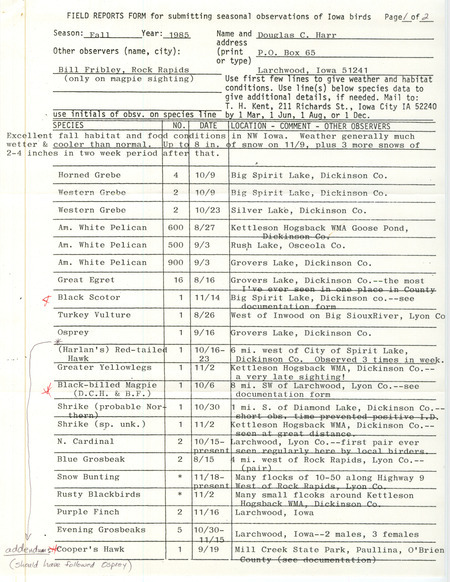 An annotated list of birds sighted by Douglas Harr and others. This item was used as supporting documentation for the Iowa Ornithologists Union Quarterly field report of Fall 1985.