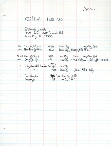 An annotated list of birds sighted by Richard Hollis. This item was used as supporting documentation for the Iowa Ornithologists Union Quarterly field report of Fall 1985.