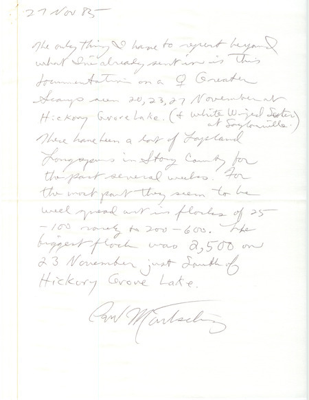 Paul Martsching mentions sighting a Greater Scaup at Hickory Grove, White-winged Scoter at Saylorville and Lapland Longspur all over Story County. This item was used as supporting documentation for the Iowa Ornithologists Union Quarterly field report of Fall 1985.