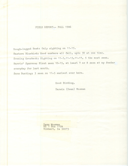 A list of birds sighted by Dean Mosman. This item was used as supporting documentation for the Iowa Ornithologists Union Quarterly field report of Fall 1985.