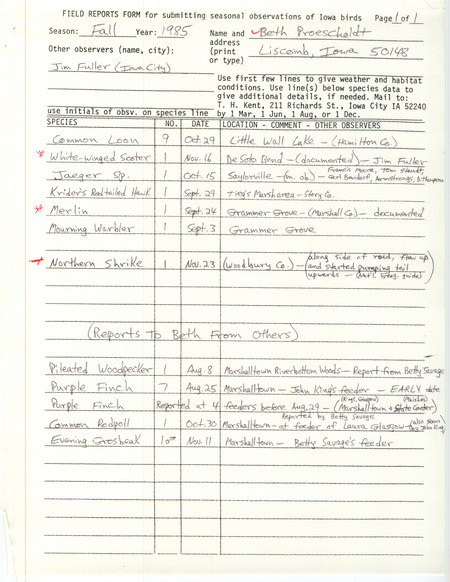 An annotated list of birds sighted by Beth Proescholdt and others. This item was used as supporting documentation for the Iowa Ornithologists Union Quarterly field report of Fall 1985.