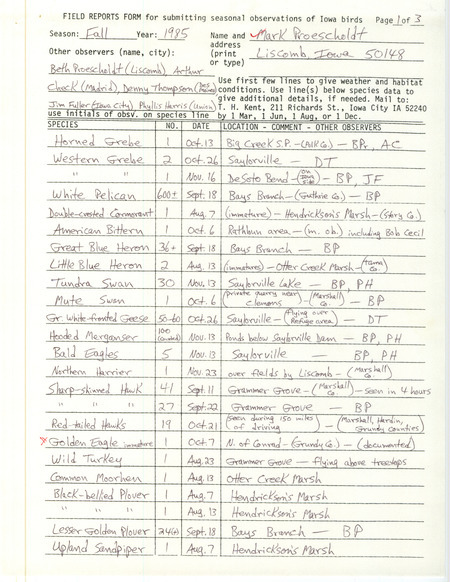 An annotated list of birds sighted by Mark Proescholdt and others. This item was used as supporting documentation for the Iowa Ornithologists Union Quarterly field report of Fall 1985.