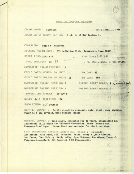 Checklist dated January 2, 1986 compiled by Peter Petersen. A list of birds sighted by Petersen and thirteen others around Oakville. A total of 63 species and 10,895 individual birds were sighted. This item was used as supporting documentation for the Iowa Ornithologists Union Quarterly field report of Winter 1985-1986.