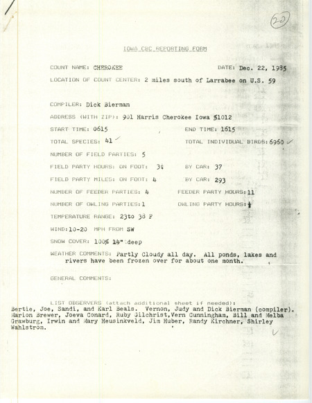 Checklist dated December 22, 1985 compiled by Dick Bierman. A list of birds sighted by Bierman and seventeen others around Cherokee. A total of 41 species and 6,960 individual birds were sighted. This item was used as supporting documentation for the Iowa Ornithologists Union Quarterly field report of Winter 1985-1986.