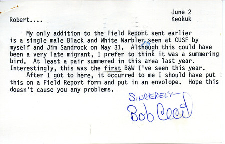 Postcard from Bob Cecil to Bob Myers dated June 2, 1986. Cecil sends a sighting of a Black and White Warbler as an addendum to Spring Field Report. This item was used as supporting documentation for the Iowa Ornithologists Union Quarterly field report of Spring 1986.
