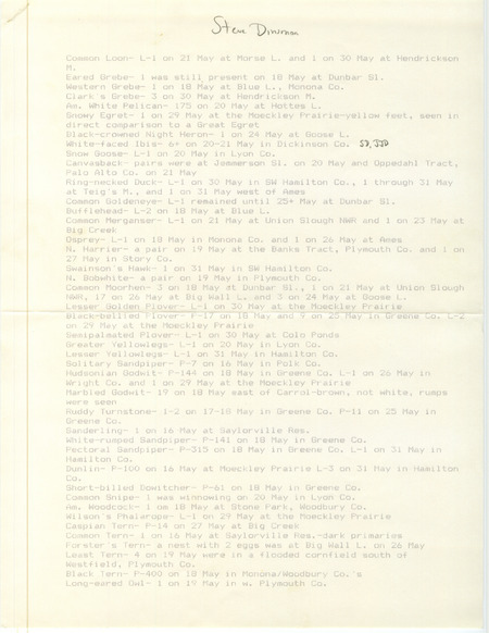 An annotated list of birds sighted by Steve Dinsmore. This item was used as supporting documentation for the Iowa Ornithologists Union Quarterly field report of Spring 1986.