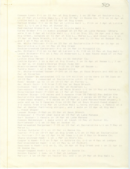 An annotated list of birds sighted by Steve Dinsmore. This item was used as supporting documentation for the Iowa Ornithologists Union Quarterly field report of Spring 1986.