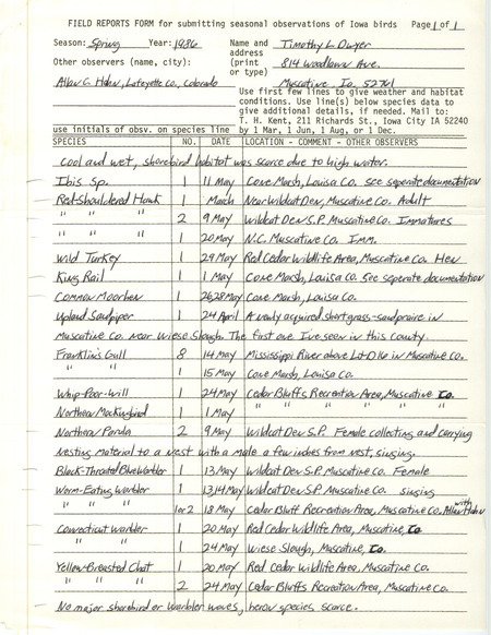 An annotated list of birds sighted by Timothy Dwyer and Allan Hahn. This item was used as supporting documentation for the Iowa Ornithologists Union Quarterly field report of Spring 1986.