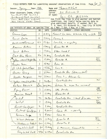 An annotated list of birds sighted by Thomas Kent and four others. This item was used as supporting documentation for the Iowa Ornithologists Union Quarterly field report of Spring 1986.